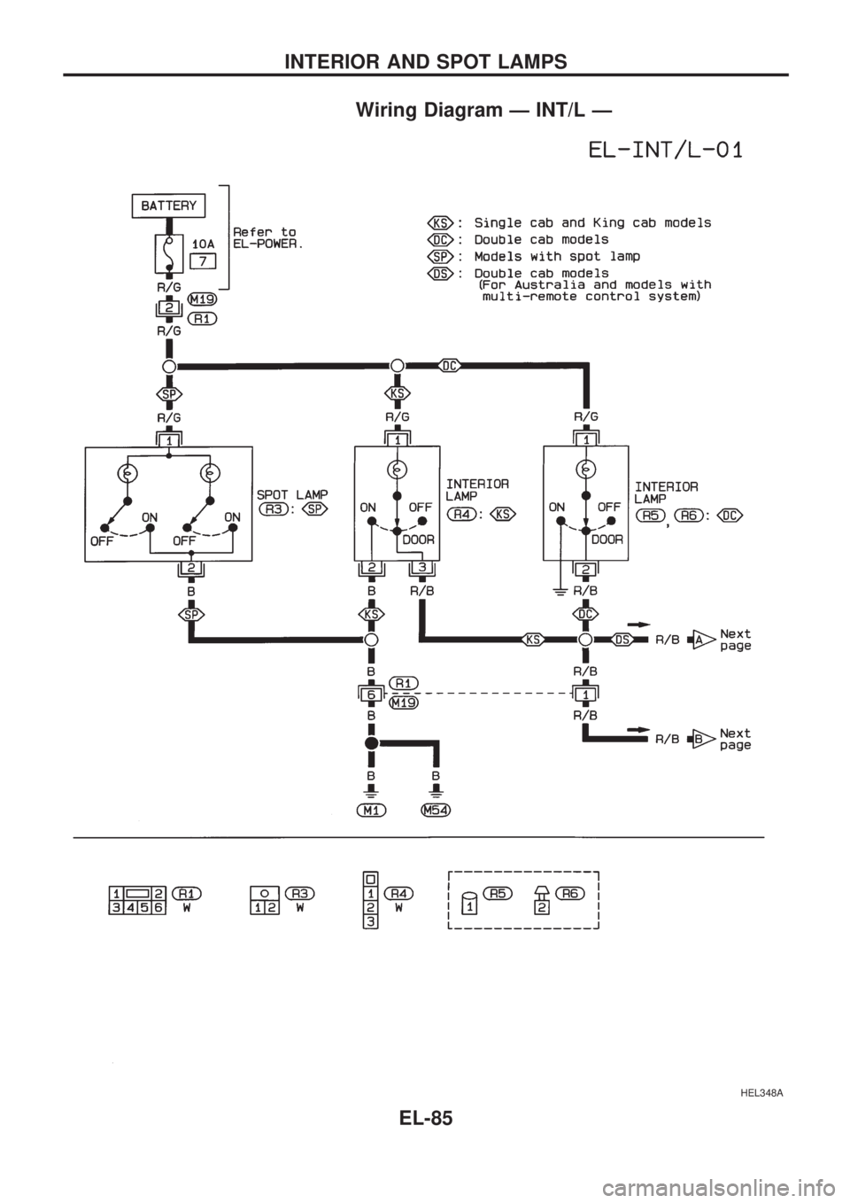 NISSAN PICK-UP 1998  Repair Manual Wiring Diagram Ð INT/L Ð
HEL348A
INTERIOR AND SPOT LAMPS
EL-85 
