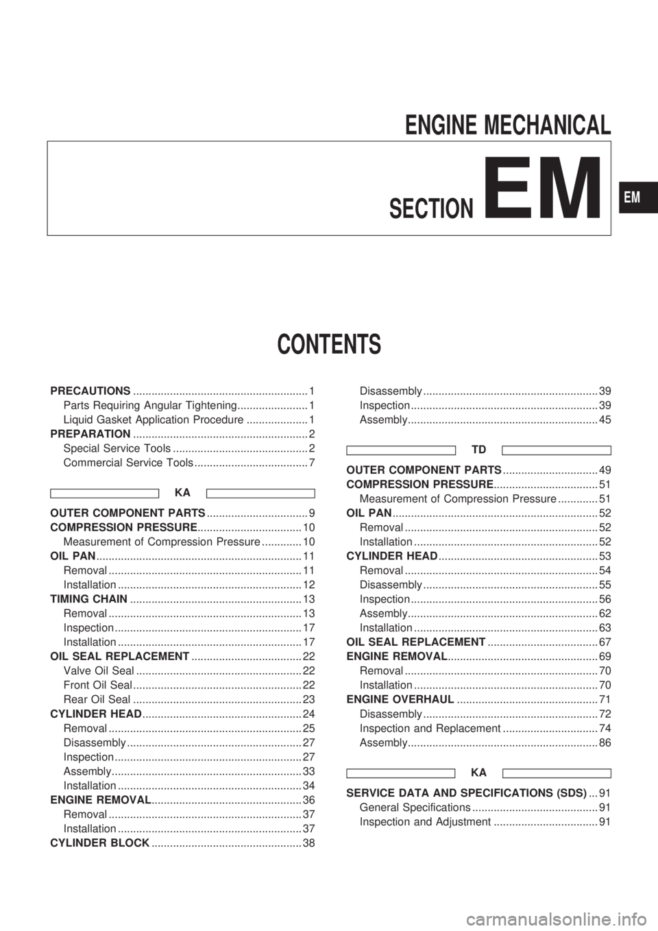 NISSAN PICK-UP 1998  Repair Manual ENGINE MECHANICAL
SECTION
EM
CONTENTS
PRECAUTIONS......................................................... 1
Parts Requiring Angular Tightening....................... 1
Liquid Gasket Application Proce