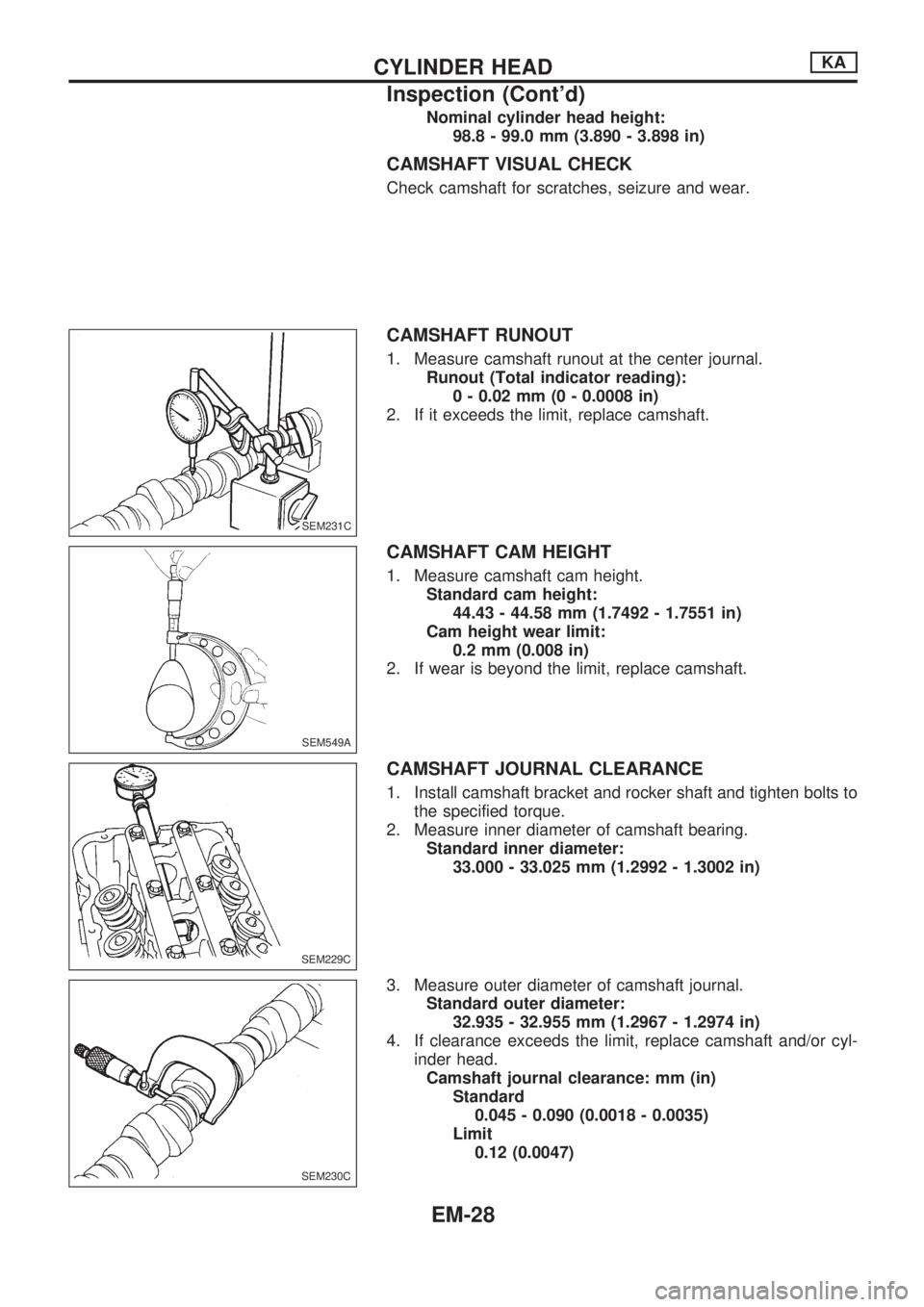 NISSAN PICK-UP 1998  Repair Manual Nominal cylinder head height:
98.8 - 99.0 mm (3.890 - 3.898 in)
CAMSHAFT VISUAL CHECK
Check camshaft for scratches, seizure and wear.
CAMSHAFT RUNOUT
1. Measure camshaft runout at the center journal.
