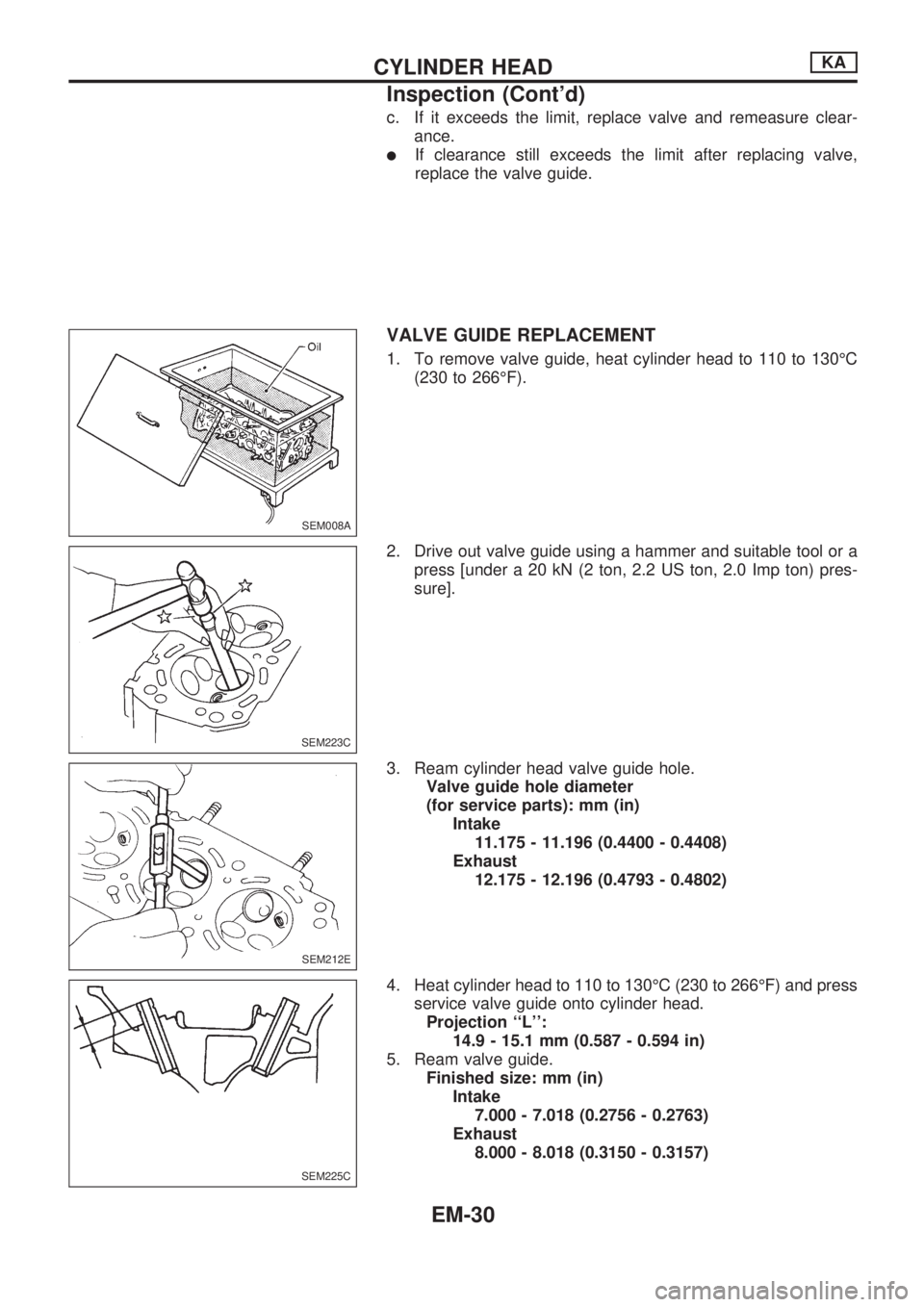 NISSAN PICK-UP 1998  Repair Manual c. If it exceeds the limit, replace valve and remeasure clear-
ance.
lIf clearance still exceeds the limit after replacing valve,
replace the valve guide.
VALVE GUIDE REPLACEMENT
1. To remove valve gu