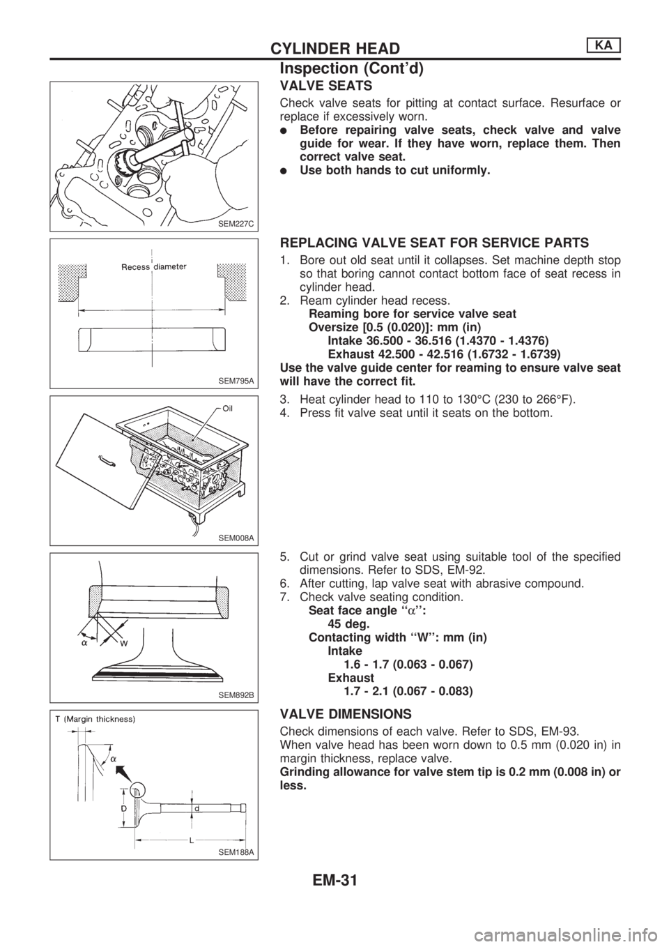 NISSAN PICK-UP 1998  Repair Manual VALVE SEATS
Check valve seats for pitting at contact surface. Resurface or
replace if excessively worn.
lBefore repairing valve seats, check valve and valve
guide for wear. If they have worn, replace 