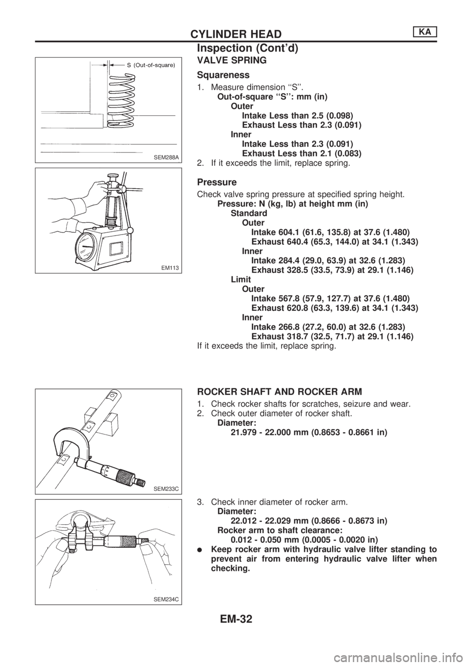 NISSAN PICK-UP 1998  Repair Manual VALVE SPRING
Squareness
1. Measure dimension ``S.
Out-of-square ``S: mm (in)
Outer
Intake Less than 2.5 (0.098)
Exhaust Less than 2.3 (0.091)
Inner
Intake Less than 2.3 (0.091)
Exhaust Less than 2