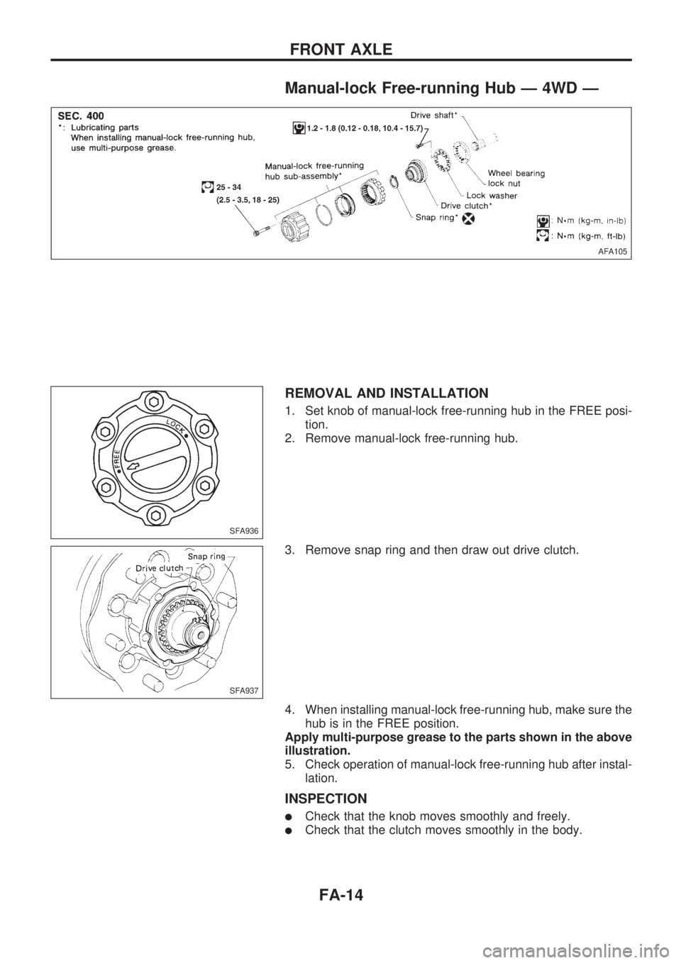 NISSAN PICK-UP 1998  Repair Manual Manual-lock Free-running Hub Ð 4WD Ð
REMOVAL AND INSTALLATION
1. Set knob of manual-lock free-running hub in the FREE posi-
tion.
2. Remove manual-lock free-running hub.
3. Remove snap ring and then
