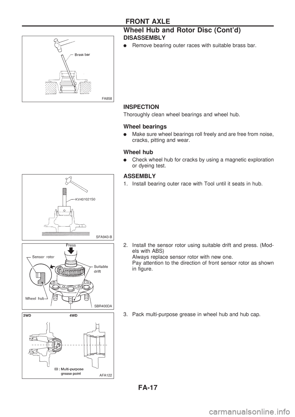 NISSAN PICK-UP 1998  Repair Manual DISASSEMBLY
lRemove bearing outer races with suitable brass bar.
INSPECTION
Thoroughly clean wheel bearings and wheel hub.
Wheel bearings
lMake sure wheel bearings roll freely and are free from noise,