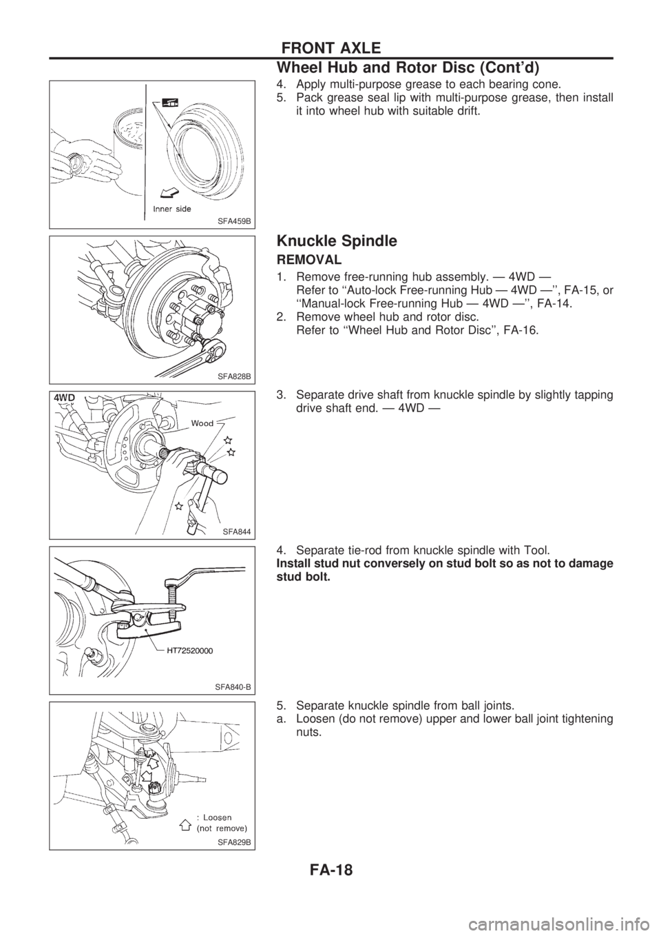 NISSAN PICK-UP 1998  Repair Manual 4. Apply multi-purpose grease to each bearing cone.
5. Pack grease seal lip with multi-purpose grease, then install
it into wheel hub with suitable drift.
Knuckle Spindle
REMOVAL
1. Remove free-runnin