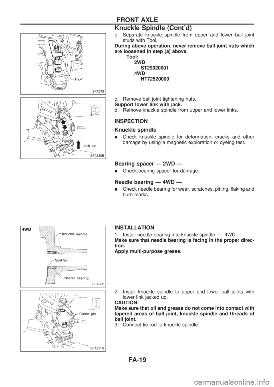 NISSAN PICK-UP 1998  Repair Manual b. Separate knuckle spindle from upper and lower ball joint
studs with Tool.
During above operation, never remove ball joint nuts which
are loosened in step (a) above.
Tool:
2WD
ST29020001
4WD
HT72520