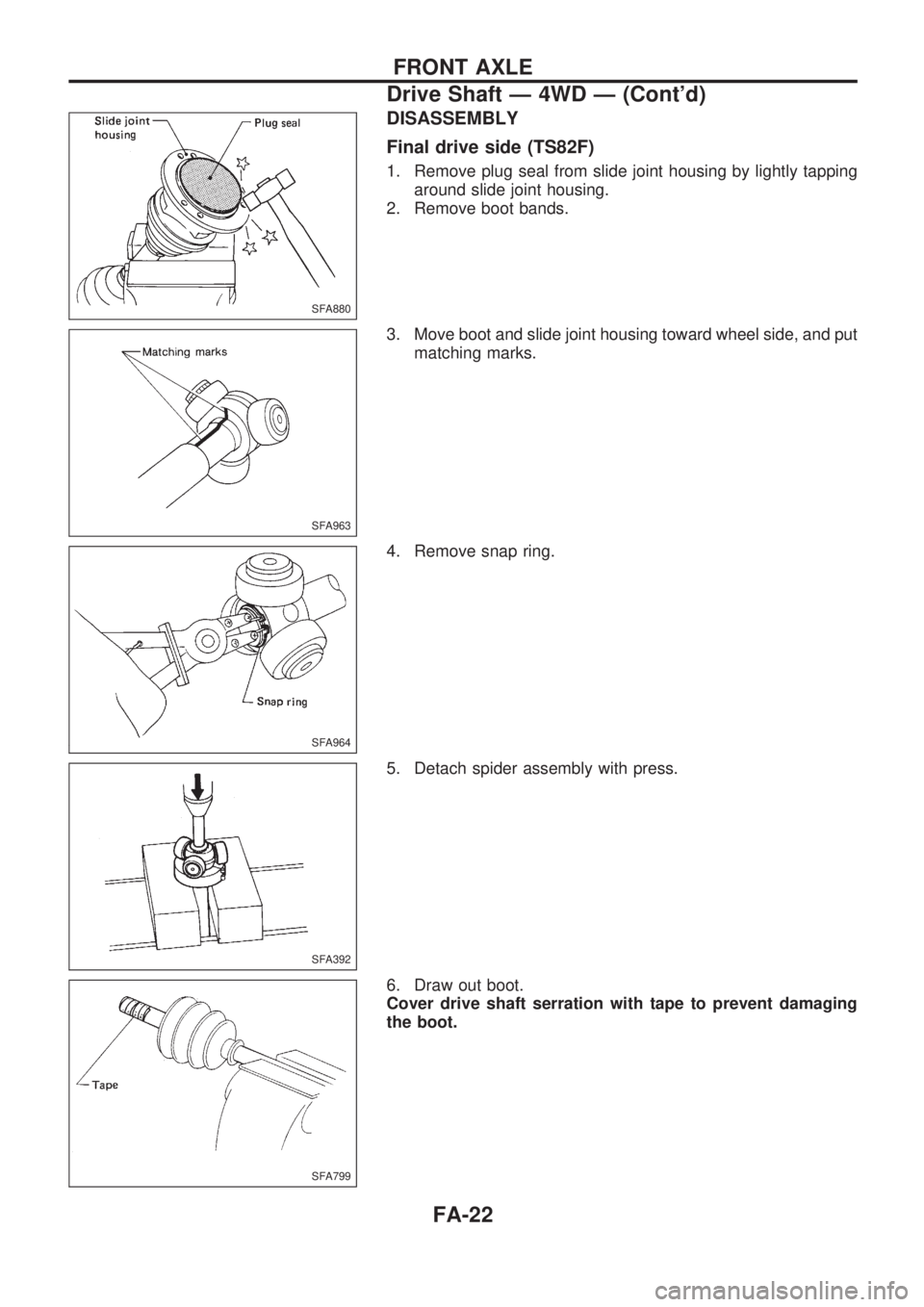 NISSAN PICK-UP 1998  Repair Manual DISASSEMBLY
Final drive side (TS82F)
1. Remove plug seal from slide joint housing by lightly tapping
around slide joint housing.
2. Remove boot bands.
3. Move boot and slide joint housing toward wheel