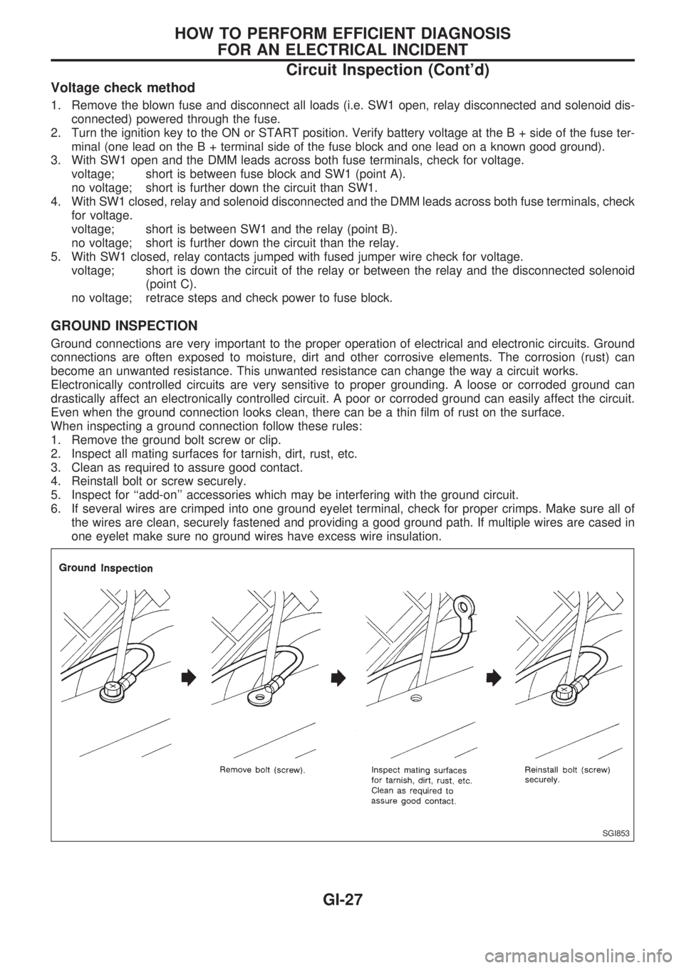 NISSAN PICK-UP 1998  Repair Manual Voltage check method
1. Remove the blown fuse and disconnect all loads (i.e. SW1 open, relay disconnected and solenoid dis-
connected) powered through the fuse.
2. Turn the ignition key to the ON or S