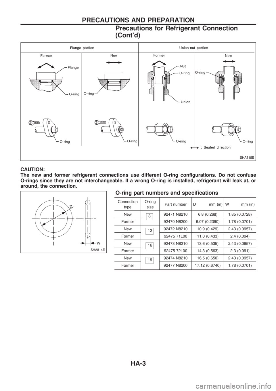 NISSAN PICK-UP 1998  Repair Manual CAUTION:
The new and former refrigerant connections use different O-ring configurations. Do not confuse
O-rings since they are not interchangeable. If a wrong O-ring is installed, refrigerant will lea