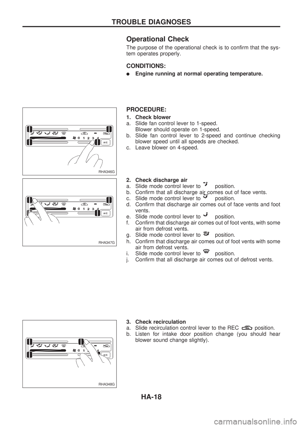 NISSAN PICK-UP 1998  Repair Manual Operational Check
The purpose of the operational check is to confirm that the sys-
tem operates properly.
CONDITIONS:
lEngine running at normal operating temperature.
PROCEDURE:
1. Check blower
a. Sli