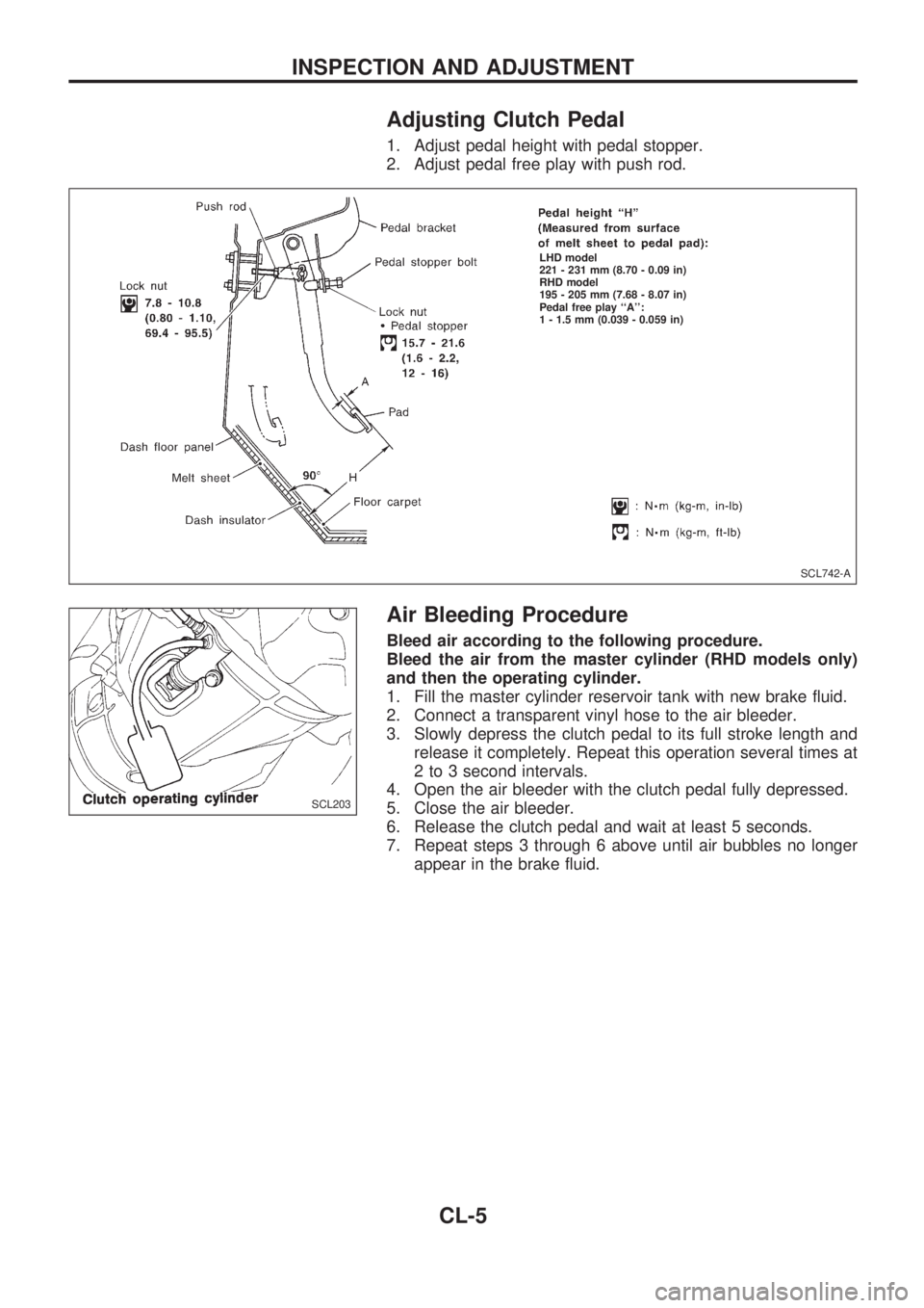 NISSAN PICK-UP 1998  Repair Manual Adjusting Clutch Pedal
1. Adjust pedal height with pedal stopper.
2. Adjust pedal free play with push rod.
Air Bleeding Procedure
Bleed air according to the following procedure.
Bleed the air from the