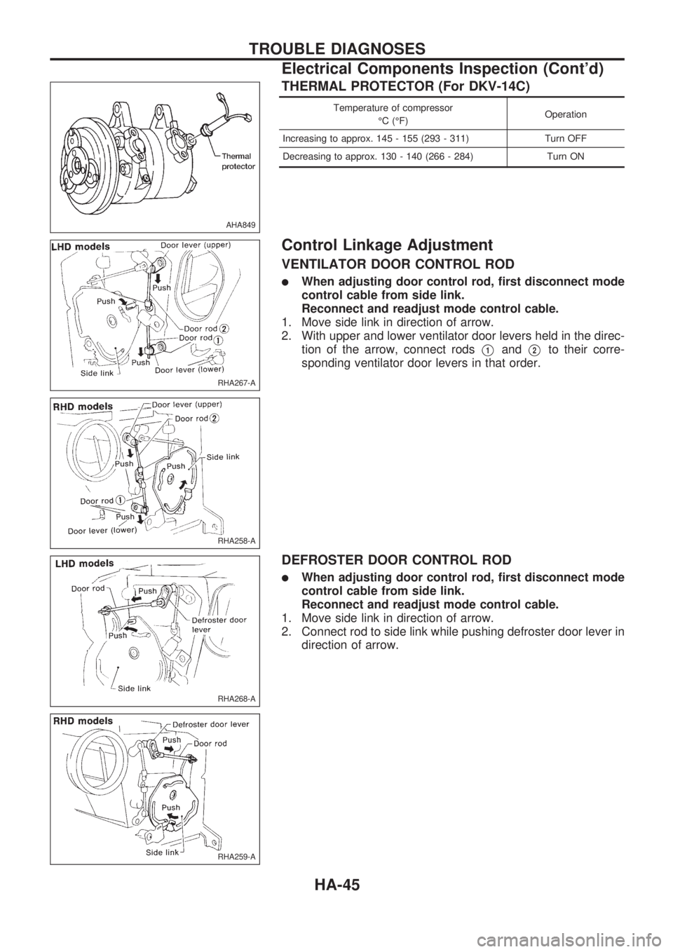 NISSAN PICK-UP 1998  Repair Manual THERMAL PROTECTOR (For DKV-14C)
Temperature of compressor
ÉC (ÉF)Operation
Increasing to approx. 145 - 155 (293 - 311) Turn OFF
Decreasing to approx. 130 - 140 (266 - 284) Turn ON
Control Linkage Ad