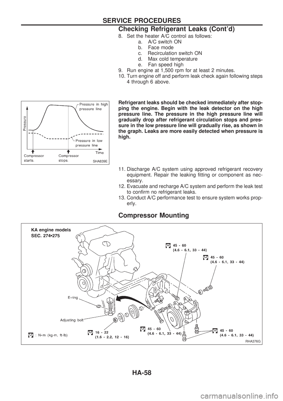 NISSAN PICK-UP 1998  Repair Manual 8. Set the heater A/C control as follows:
a. A/C switch ON
b. Face mode
c. Recirculation switch ON
d. Max cold temperature
e. Fan speed high
9. Run engine at 1,500 rpm for at least 2 minutes.
10. Turn
