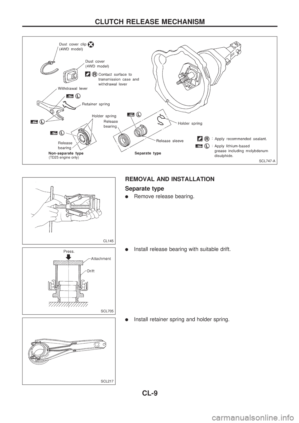 NISSAN PICK-UP 1998  Repair Manual REMOVAL AND INSTALLATION
Separate type
lRemove release bearing.
lInstall release bearing with suitable drift.
lInstall retainer spring and holder spring.
SCL747-A
.(TD25 engine only)
CL145
SCL705
SCL2