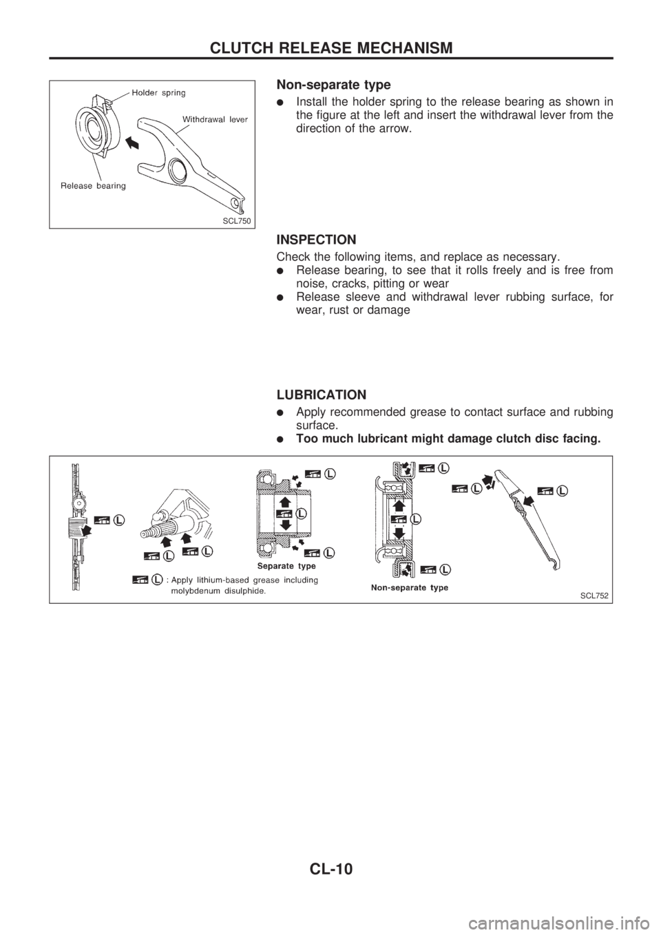 NISSAN PICK-UP 1998  Repair Manual Non-separate type
lInstall the holder spring to the release bearing as shown in
the figure at the left and insert the withdrawal lever from the
direction of the arrow.
INSPECTION
Check the following i