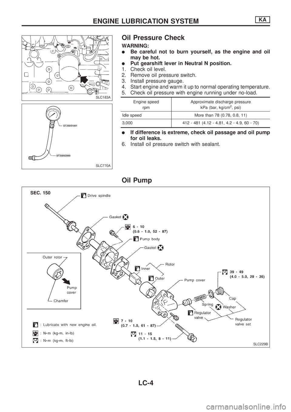 NISSAN PICK-UP 1998  Repair Manual Oil Pressure Check
WARNING:
lBe careful not to burn yourself, as the engine and oil
may be hot.
lPut gearshift lever in Neutral N position.
1. Check oil level.
2. Remove oil pressure switch.
3. Instal