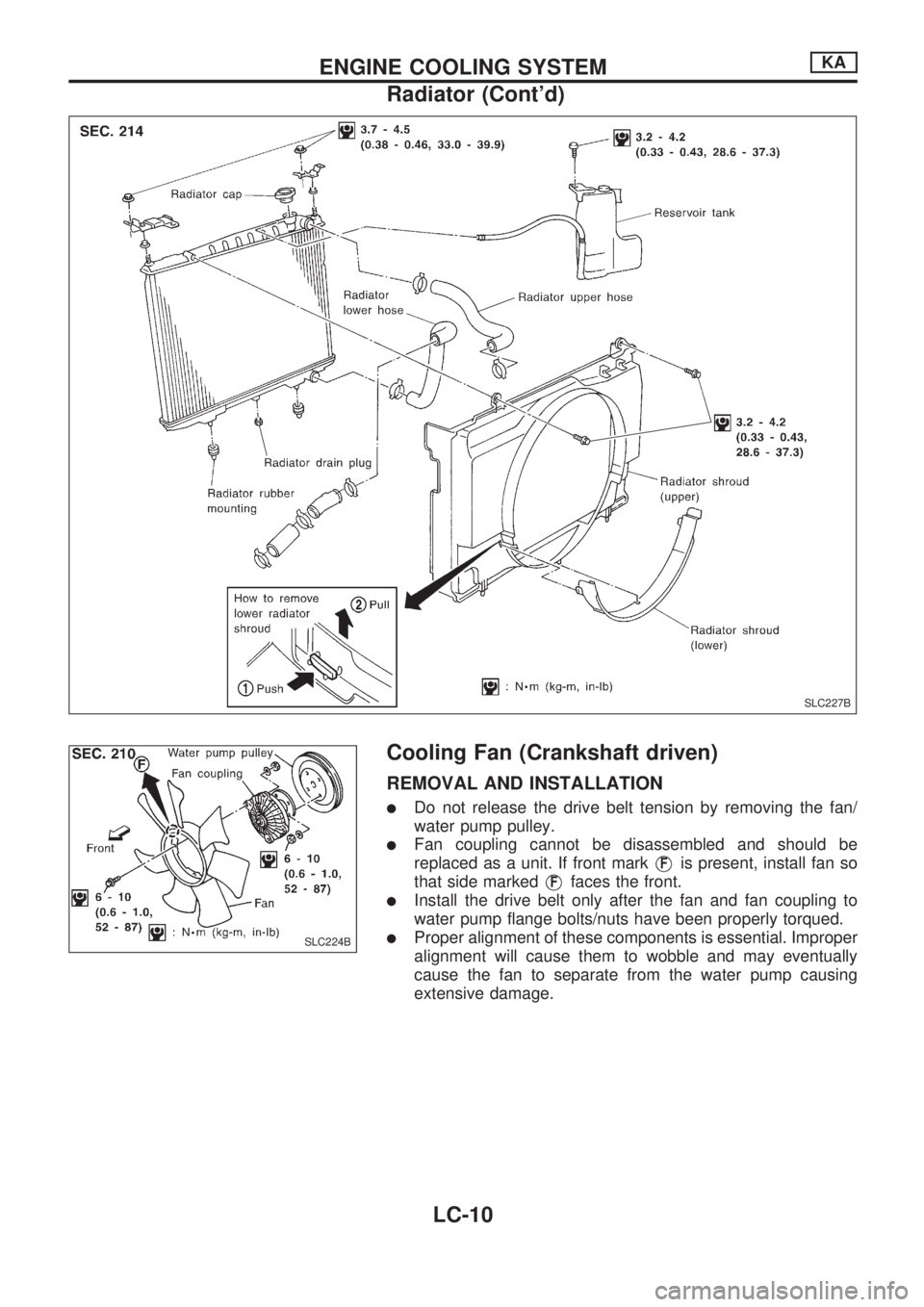 NISSAN PICK-UP 1998  Repair Manual Cooling Fan (Crankshaft driven)
REMOVAL AND INSTALLATION
lDo not release the drive belt tension by removing the fan/
water pump pulley.
lFan coupling cannot be disassembled and should be
replaced as a