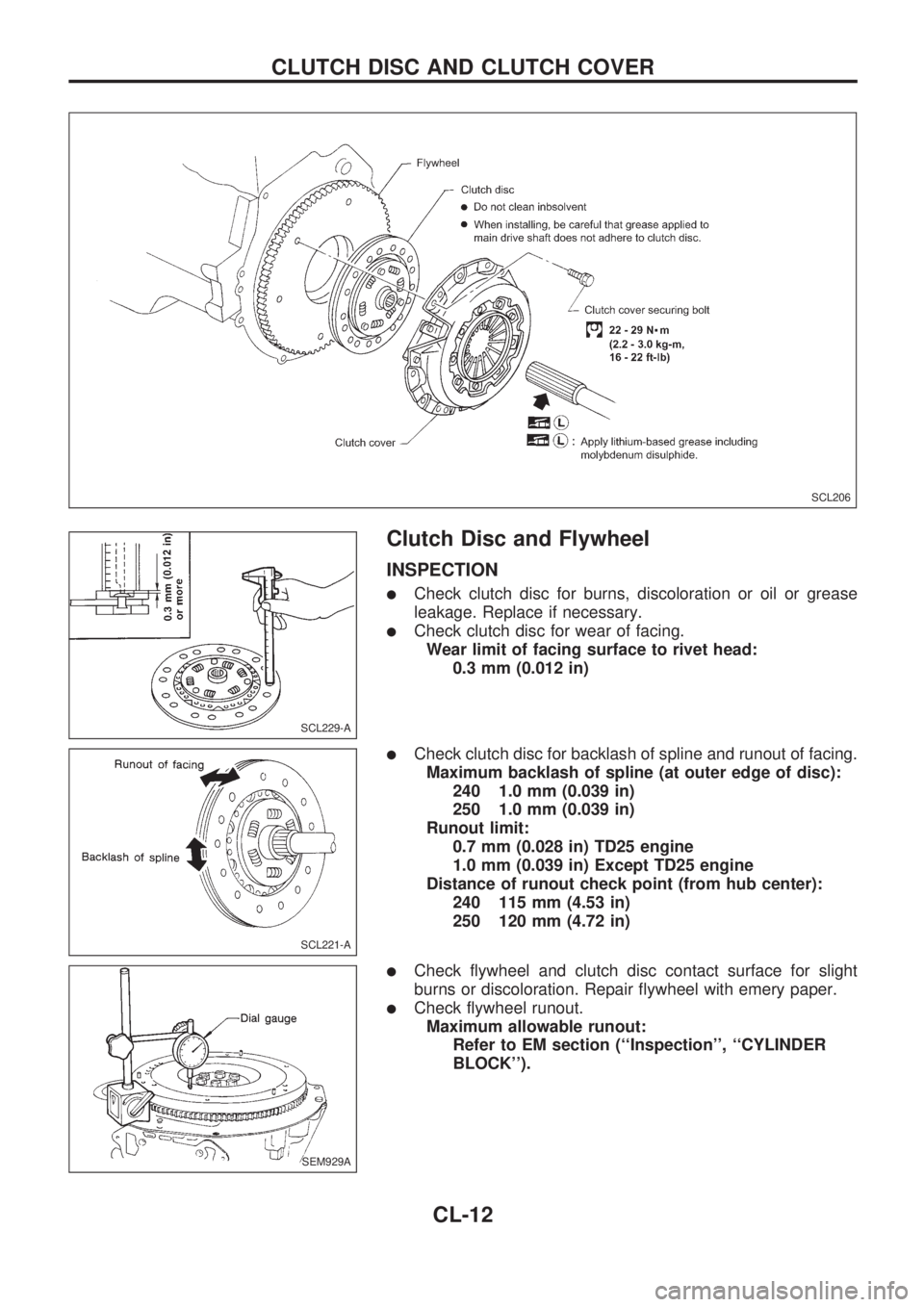 NISSAN PICK-UP 1998  Repair Manual Clutch Disc and Flywheel
INSPECTION
lCheck clutch disc for burns, discoloration or oil or grease
leakage. Replace if necessary.
lCheck clutch disc for wear of facing.
Wear limit of facing surface to r