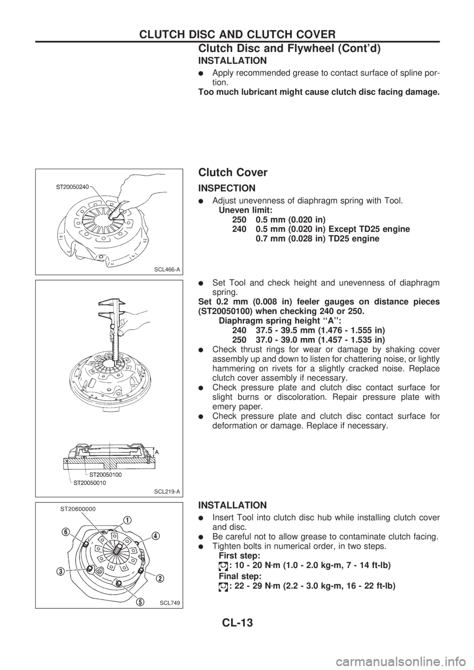 NISSAN PICK-UP 1998  Repair Manual INSTALLATION
lApply recommended grease to contact surface of spline por-
tion.
Too much lubricant might cause clutch disc facing damage.
Clutch Cover
INSPECTION
lAdjust unevenness of diaphragm spring 