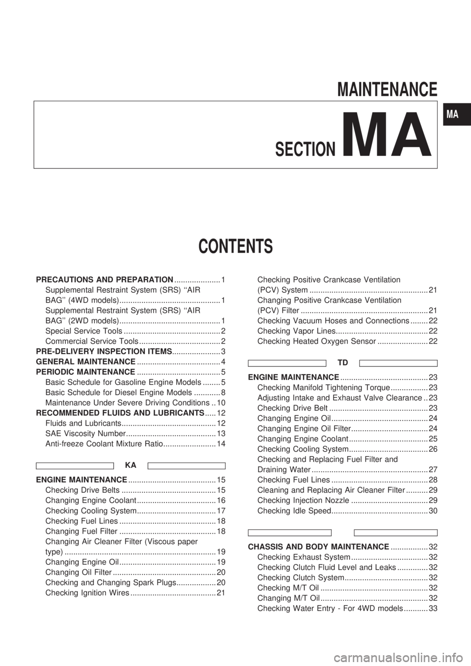 NISSAN PICK-UP 1998  Repair Manual MAINTENANCE
SECTION
MA
CONTENTS
PRECAUTIONS AND PREPARATION..................... 1
Supplemental Restraint System (SRS) ``AIR
BAG (4WD models).............................................. 1
Suppleme