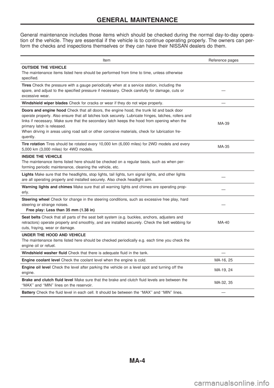 NISSAN PICK-UP 1998  Repair Manual General maintenance includes those items which should be checked during the normal day-to-day opera-
tion of the vehicle. They are essential if the vehicle is to continue operating properly. The owner