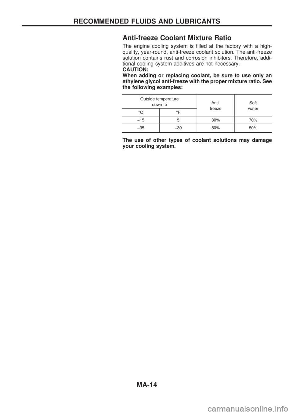NISSAN PICK-UP 1998  Repair Manual Anti-freeze Coolant Mixture Ratio
The engine cooling system is filled at the factory with a high-
quality, year-round, anti-freeze coolant solution. The anti-freeze
solution contains rust and corrosio