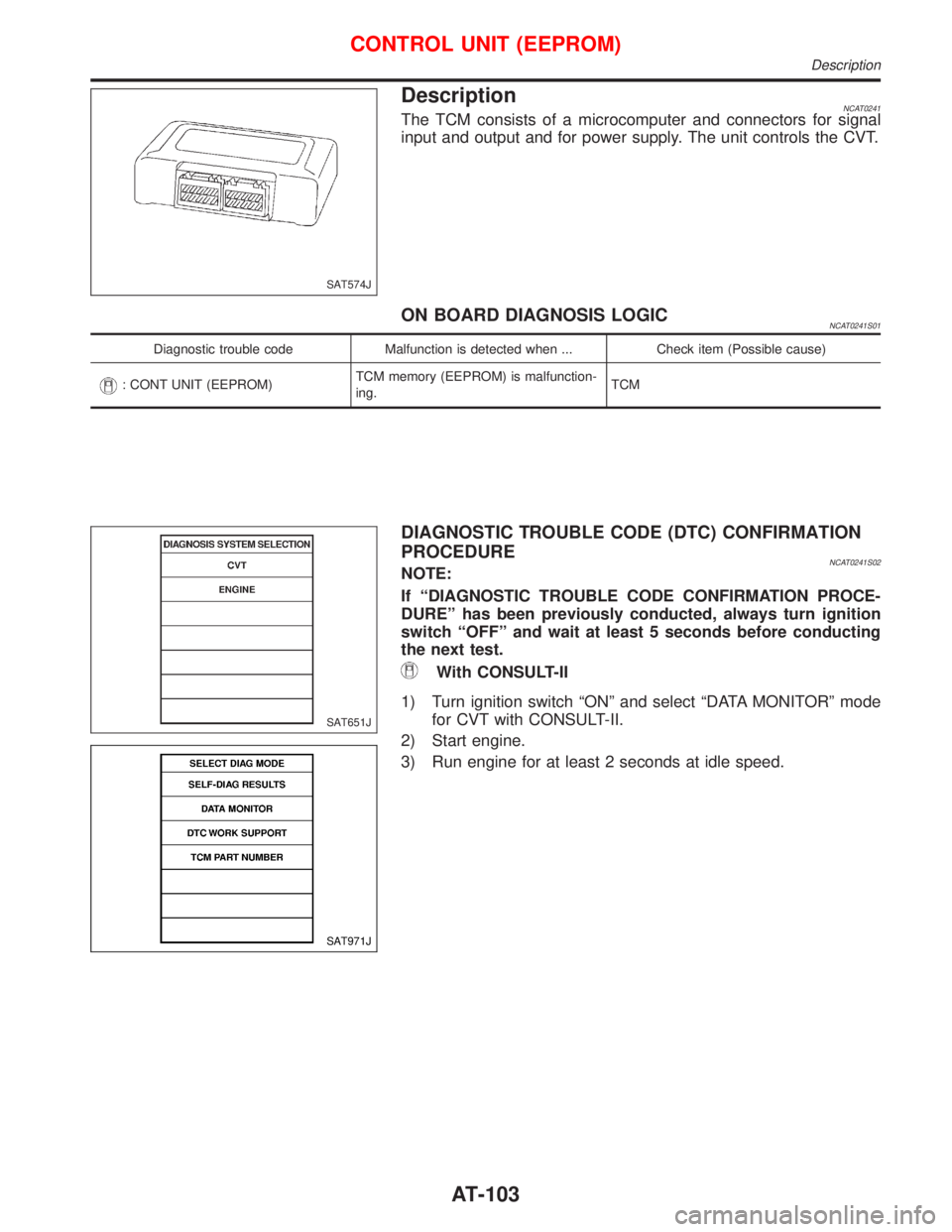 NISSAN PRIMERA 1999  Electronic Repair Manual DescriptionNCAT0241The TCM consists of a microcomputer and connectors for signal
input and output and for power supply. The unit controls the CVT.
ON BOARD DIAGNOSIS LOGICNCAT0241S01
Diagnostic troubl