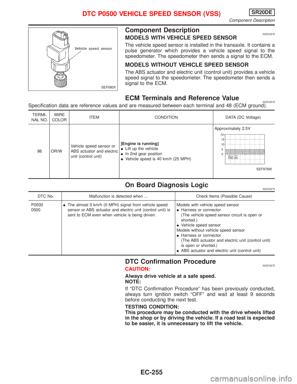 NISSAN PRIMERA 1999  Electronic Repair Manual Component DescriptionNCEC0272MODELS WITH VEHICLE SPEED SENSOR
The vehicle speed sensor is installed in the transaxle. It contains a
pulse generator which provides a vehicle speed signal to the
speedom