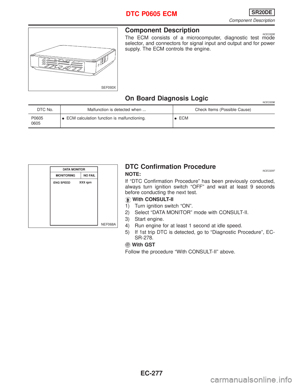 NISSAN PRIMERA 1999  Electronic Repair Manual Component DescriptionNCEC0295The ECM consists of a microcomputer, diagnostic test mode
selector, and connectors for signal input and output and for power
supply. The ECM controls the engine.
On Board 