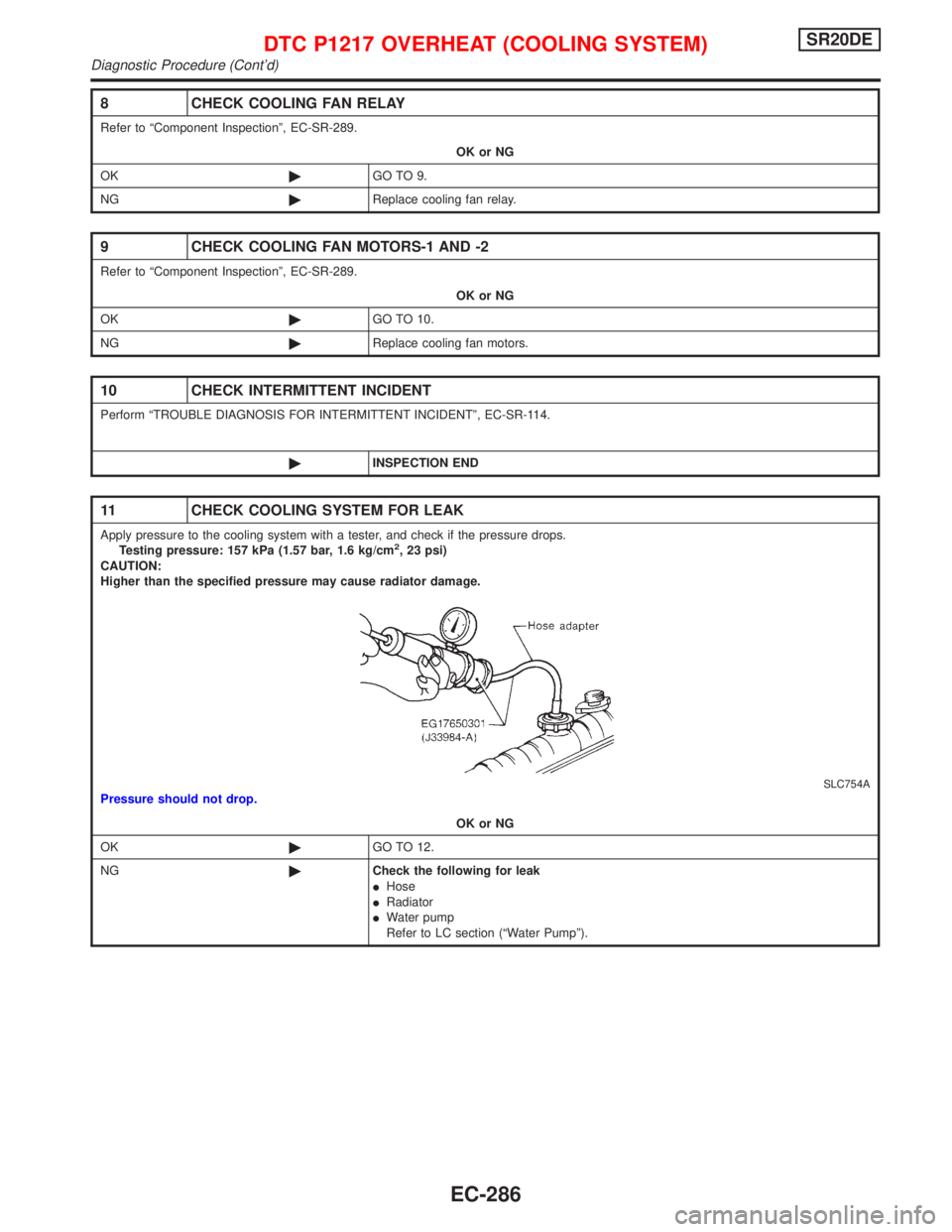 NISSAN PRIMERA 1999  Electronic Repair Manual 8 CHECK COOLING FAN RELAY
Refer to ªComponent Inspectionº, EC-SR-289.
OK or NG
OK©GO TO 9.
NG©Replace cooling fan relay.
9 CHECK COOLING FAN MOTORS-1 AND -2
Refer to ªComponent Inspectionº, EC-S