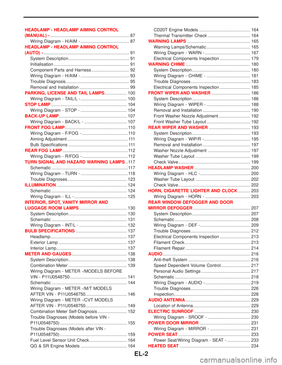 NISSAN PRIMERA 1999  Electronic Repair Manual HEADLAMP - HEADLAMP AIMING CONTROL
(MANUAL) -................................................................. 87
Wiring Diagram - H/AIM - ........................................ 87
HEADLAMP - HEADLA