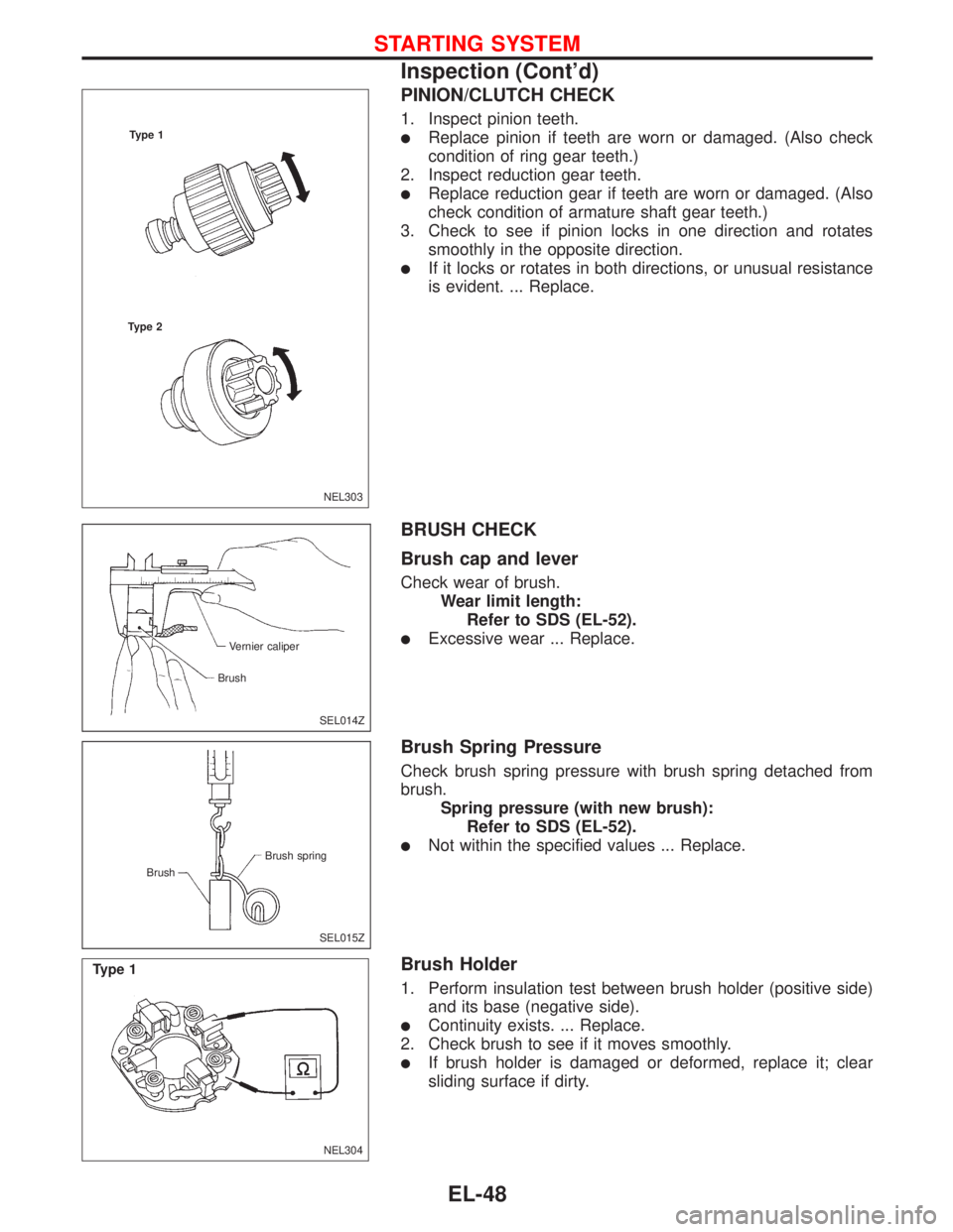 NISSAN PRIMERA 1999 Electronic Repair Manual PINION/CLUTCH CHECK
1. Inspect pinion teeth.
Replace pinion if teeth are worn or damaged. (Also check
condition of ring gear teeth.)
2. Inspect reduction gear teeth.
Replace reduction gear if teeth NISSAN PRIMERA 1999 Electronic Repair Manual PINION/CLUTCH CHECK
1. Inspect pinion teeth.
Replace pinion if teeth are worn or damaged. (Also check
condition of ring gear teeth.)
2. Inspect reduction gear teeth.
Replace reduction gear if teeth