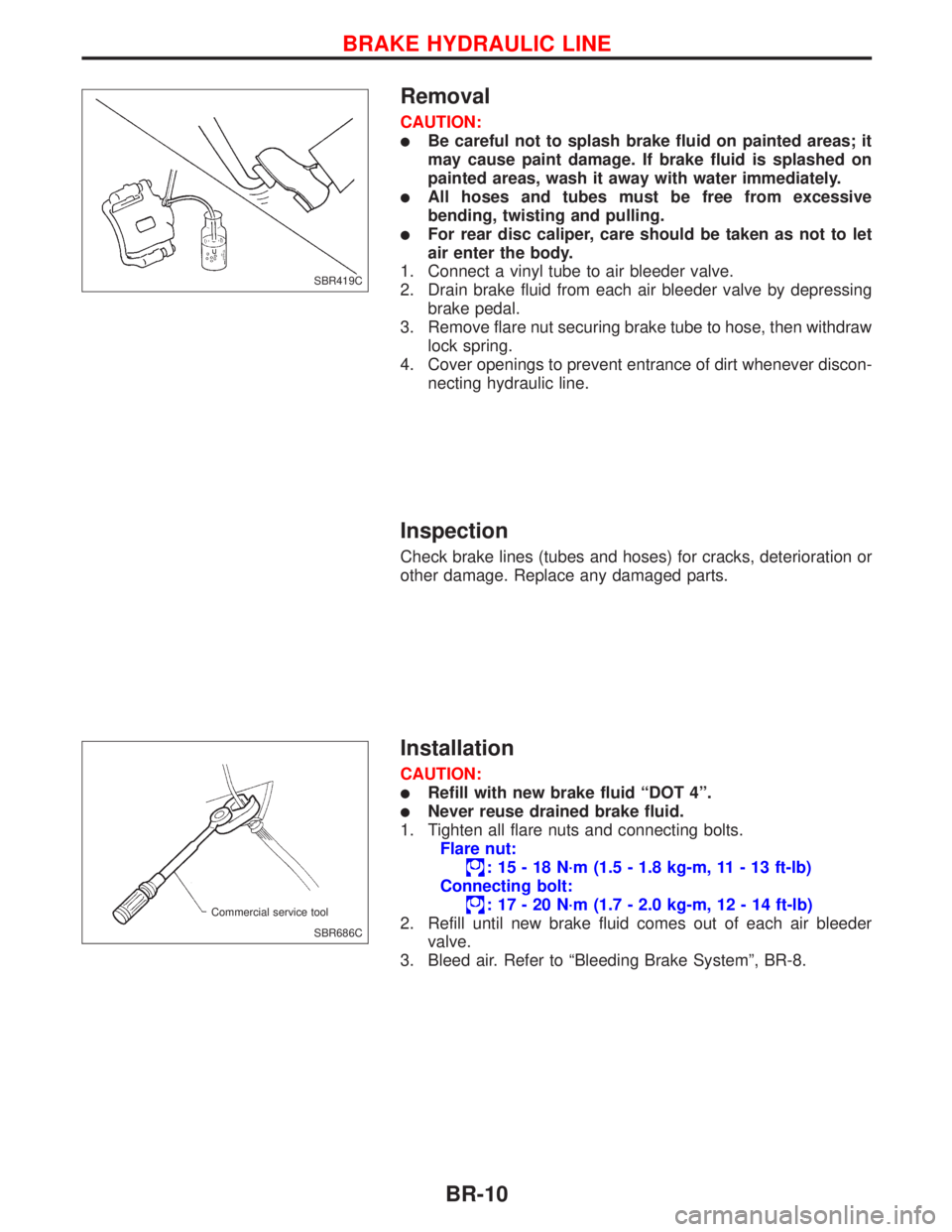 NISSAN PRIMERA 1999 Electronic Repair Manual Removal
CAUTION:
lBe careful not to splash brake fluid on painted areas; it
may cause paint damage. If brake fluid is splashed on
painted areas, wash it away with water immediately.
lAll hoses and tub NISSAN PRIMERA 1999 Electronic Repair Manual Removal
CAUTION:
lBe careful not to splash brake fluid on painted areas; it
may cause paint damage. If brake fluid is splashed on
painted areas, wash it away with water immediately.
lAll hoses and tub