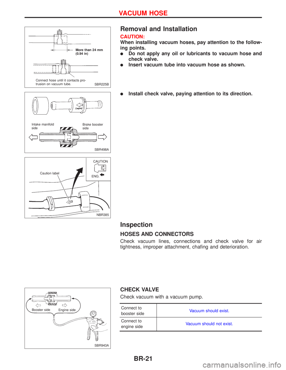 NISSAN PRIMERA 1999  Electronic Repair Manual Removal and Installation
CAUTION:
When installing vacuum hoses, pay attention to the follow-
ing points.
lDo not apply any oil or lubricants to vacuum hose and
check valve.
lInsert vacuum tube into va