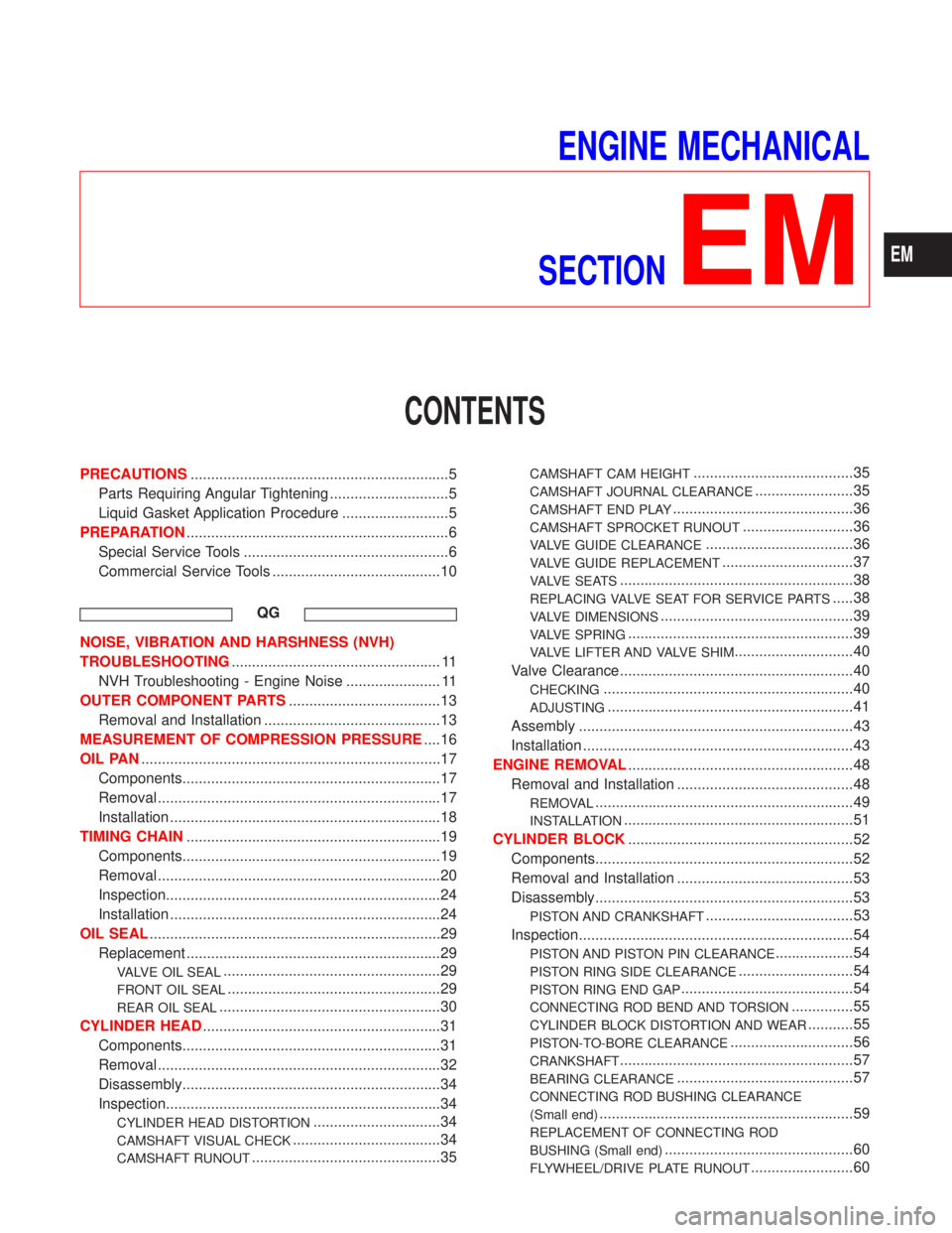NISSAN PRIMERA 1999  Electronic Repair Manual ENGINE MECHANICAL
SECTION
EM
CONTENTS
PRECAUTIONS...............................................................5
Parts Requiring Angular Tightening .............................5
Liquid Gasket Applic
