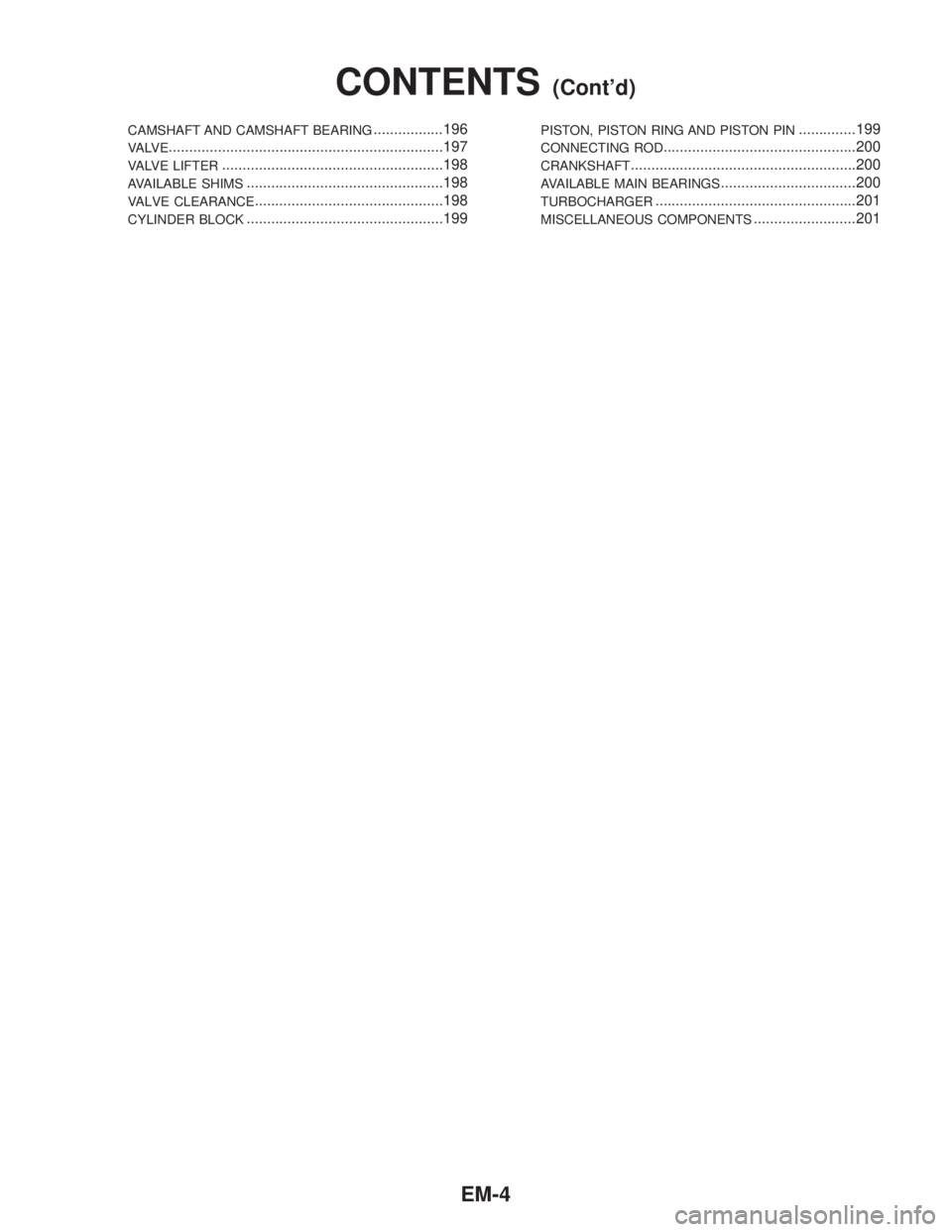 NISSAN PRIMERA 1999  Electronic Repair Manual CAMSHAFT AND CAMSHAFT BEARING.................196
VA LV E...................................................................197
VALVE LIFTER......................................................198
AV