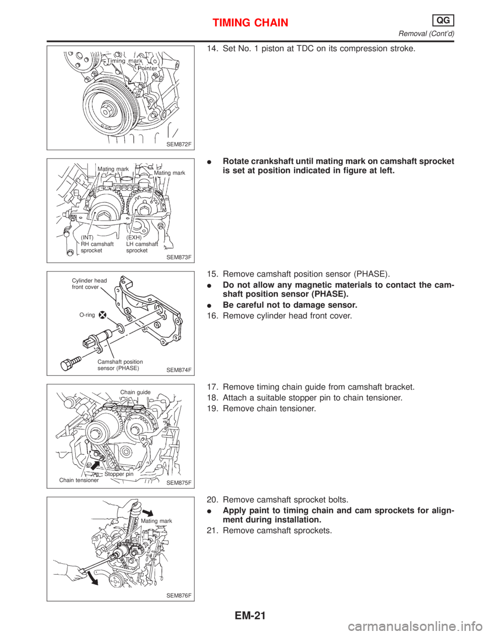 NISSAN PRIMERA 1999  Electronic Repair Manual 14. Set No. 1 piston at TDC on its compression stroke.
IRotate crankshaft until mating mark on camshaft sprocket
is set at position indicated in figure at left.
15. Remove camshaft position sensor (PH