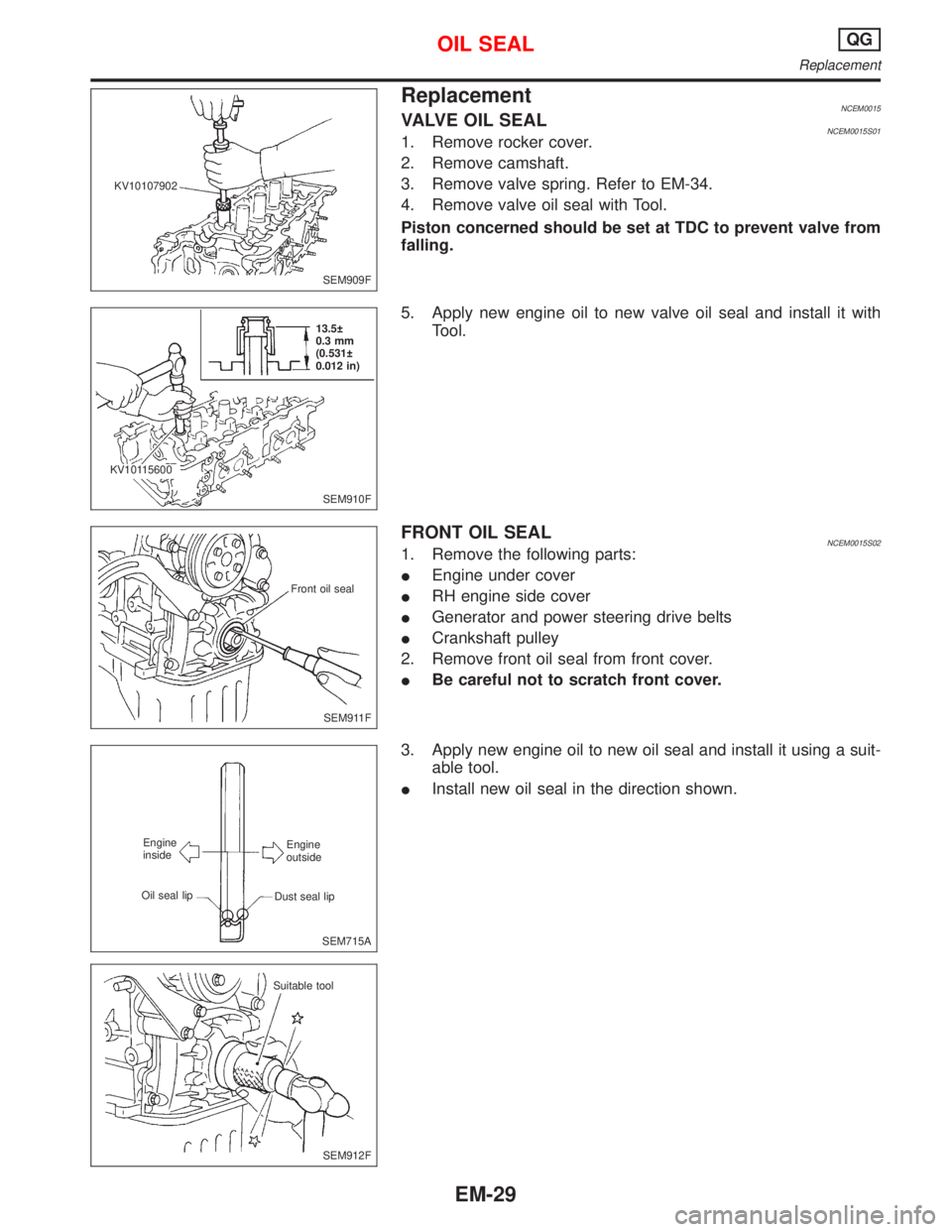 NISSAN PRIMERA 1999  Electronic Repair Manual ReplacementNCEM0015VALVE OIL SEALNCEM0015S011. Remove rocker cover.
2. Remove camshaft.
3. Remove valve spring. Refer to EM-34.
4. Remove valve oil seal with Tool.
Piston concerned should be set at TD