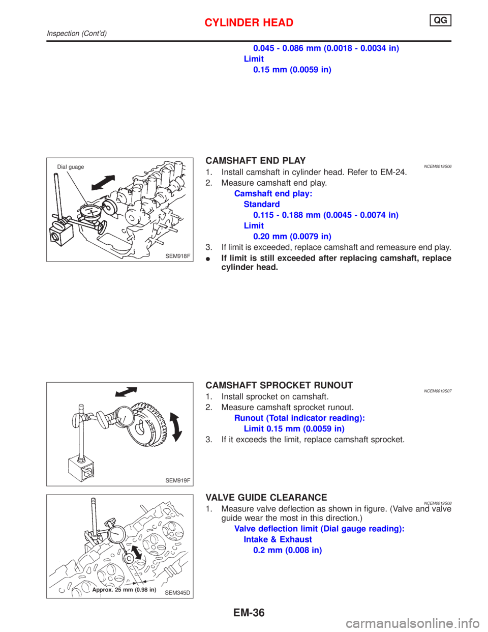 NISSAN PRIMERA 1999  Electronic Repair Manual 0.045 - 0.086 mm (0.0018 - 0.0034 in)
Limit
0.15 mm (0.0059 in)
CAMSHAFT END PLAYNCEM0019S061. Install camshaft in cylinder head. Refer to EM-24.
2. Measure camshaft end play.
Camshaft end play:
Stand