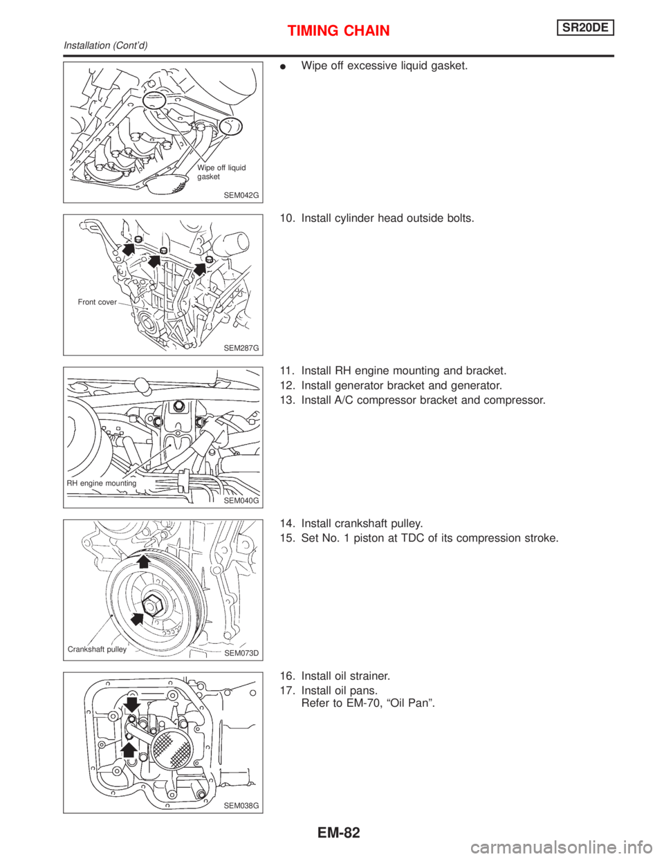NISSAN PRIMERA 1999  Electronic Repair Manual IWipe off excessive liquid gasket.
10. Install cylinder head outside bolts.
11. Install RH engine mounting and bracket.
12. Install generator bracket and generator.
13. Install A/C compressor bracket 