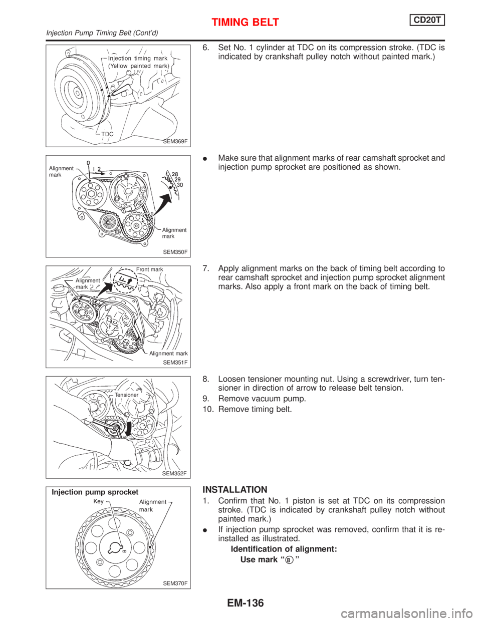 NISSAN PRIMERA 1999 Electronic Repair Manual 6. Set No. 1 cylinder at TDC on its compression stroke. (TDC is
indicated by crankshaft pulley notch without painted mark.)
IMake sure that alignment marks of rear camshaft sprocket and
injection pump NISSAN PRIMERA 1999 Electronic Repair Manual 6. Set No. 1 cylinder at TDC on its compression stroke. (TDC is
indicated by crankshaft pulley notch without painted mark.)
IMake sure that alignment marks of rear camshaft sprocket and
injection pump