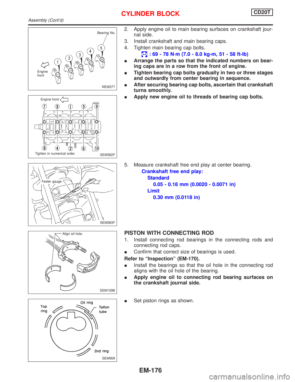 NISSAN PRIMERA 1999 Electronic Repair Manual 2. Apply engine oil to main bearing surfaces on crankshaft jour-
nal side.
3. Install crankshaft and main bearing caps.
4. Tighten main bearing cap bolts.
: 69 - 78 N´m (7.0 - 8.0 kg-m, 51 - 58 ft-lb NISSAN PRIMERA 1999 Electronic Repair Manual 2. Apply engine oil to main bearing surfaces on crankshaft jour-
nal side.
3. Install crankshaft and main bearing caps.
4. Tighten main bearing cap bolts.
: 69 - 78 N´m (7.0 - 8.0 kg-m, 51 - 58 ft-lb