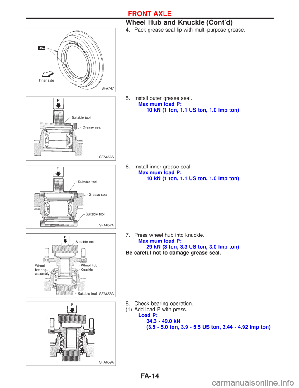 NISSAN PRIMERA 1999  Electronic Repair Manual 4. Pack grease seal lip with multi-purpose grease.
5. Install outer grease seal.
Maximum load P:
10 kN (1 ton, 1.1 US ton, 1.0 Imp ton)
6. Install inner grease seal.
Maximum load P:
10 kN (1 ton, 1.1 