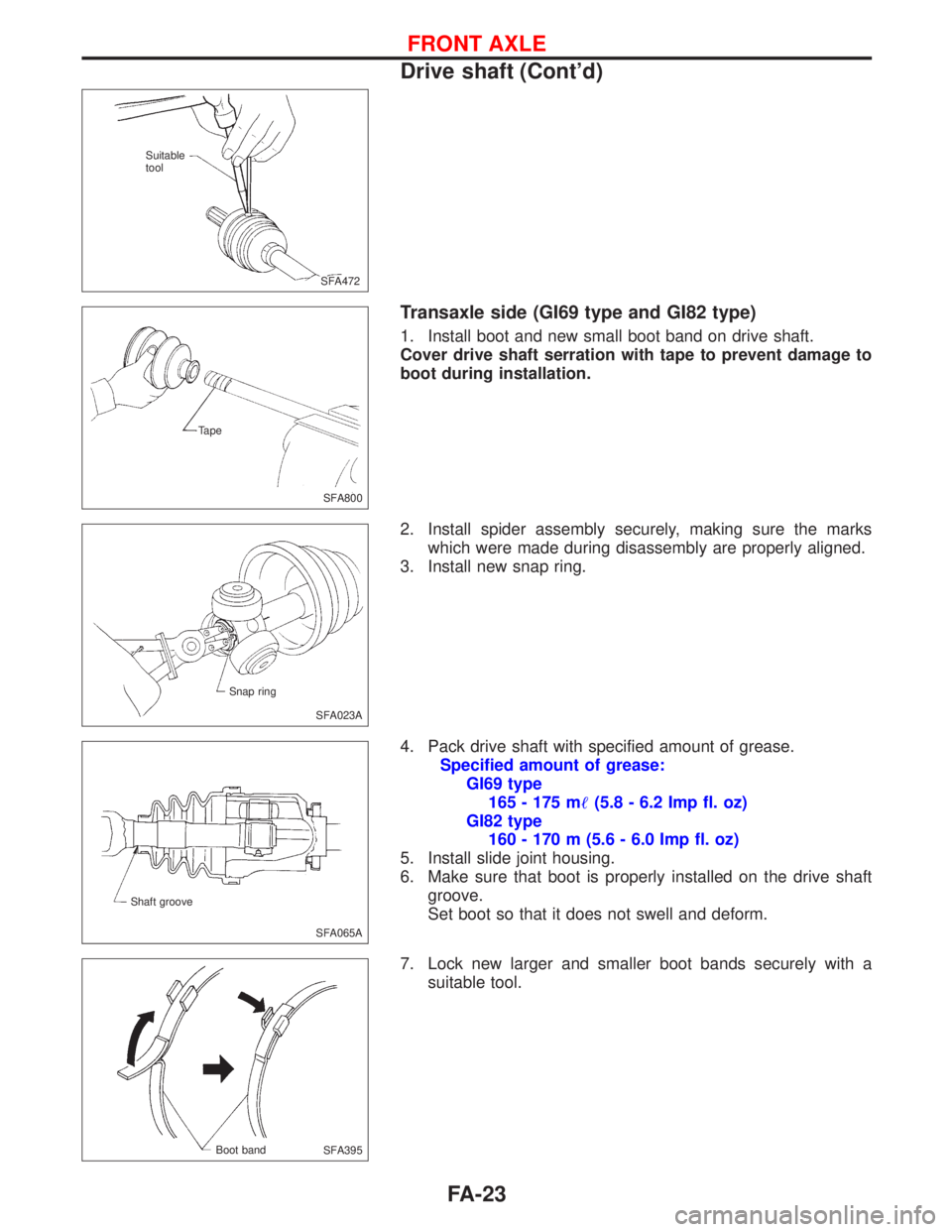 NISSAN PRIMERA 1999  Electronic Repair Manual Transaxle side (GI69 type and GI82 type)
1. Install boot and new small boot band on drive shaft.
Cover drive shaft serration with tape to prevent damage to
boot during installation.
2. Install spider 