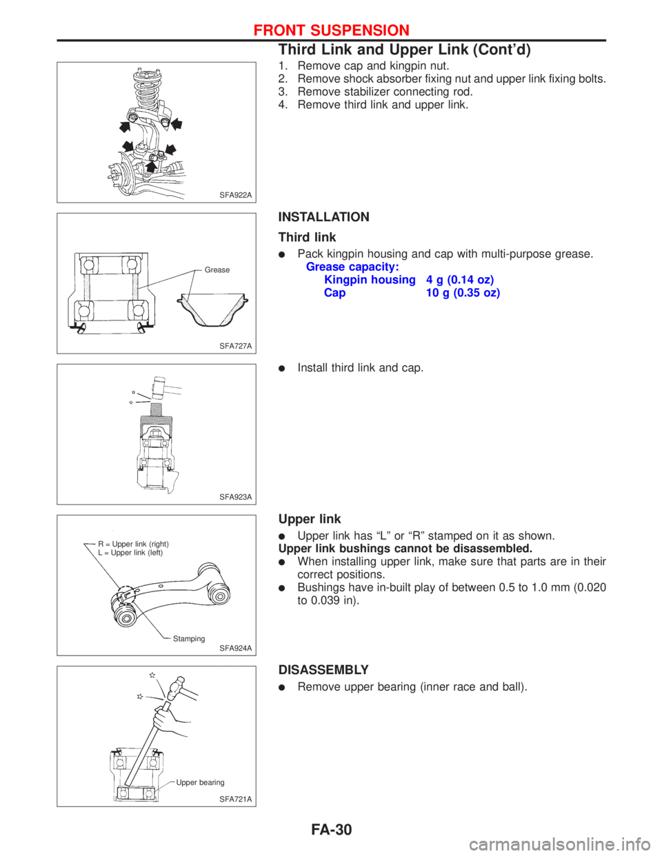 NISSAN PRIMERA 1999  Electronic Repair Manual 1. Remove cap and kingpin nut.
2. Remove shock absorber fixing nut and upper link fixing bolts.
3. Remove stabilizer connecting rod.
4. Remove third link and upper link.
INSTALLATION
Third link
lPack 