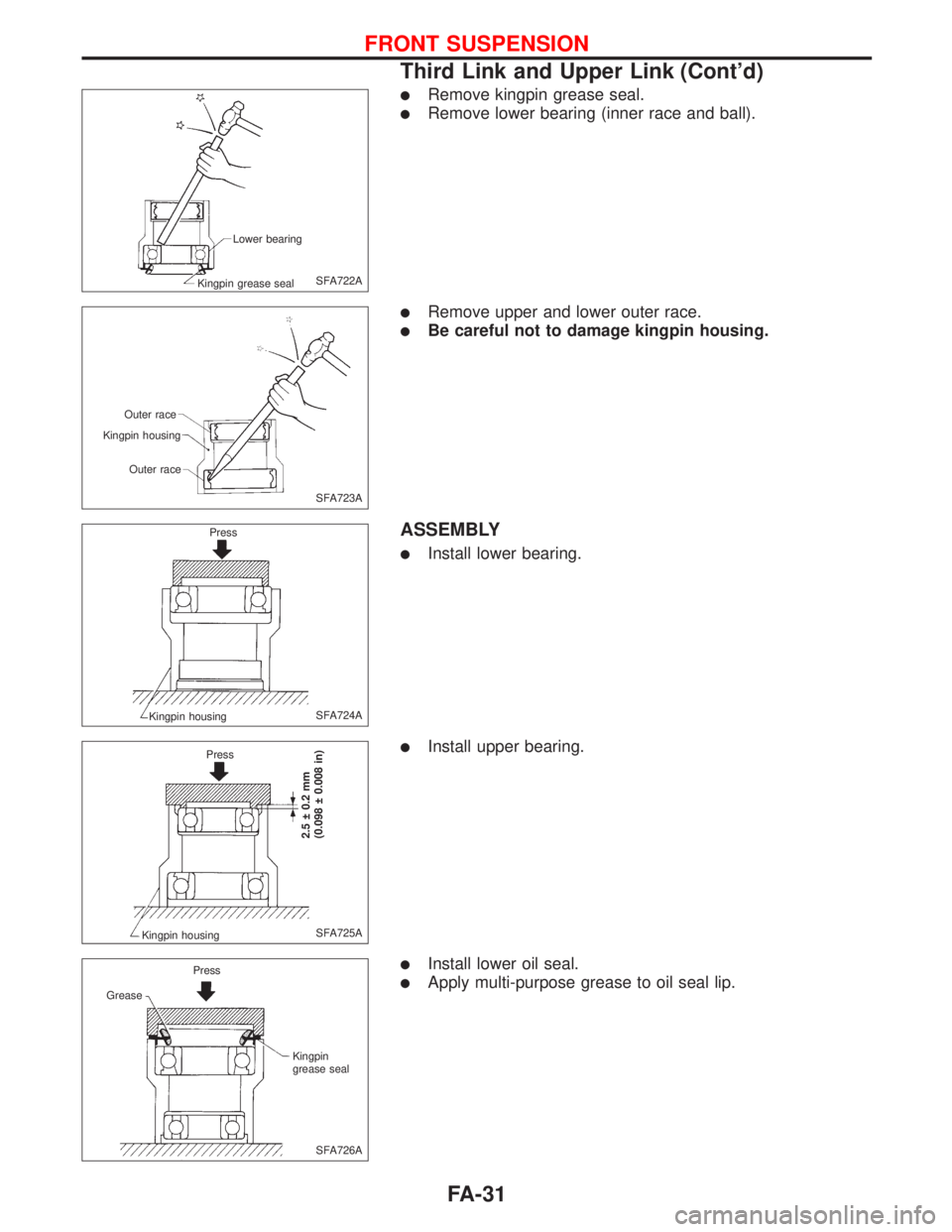 NISSAN PRIMERA 1999  Electronic Repair Manual lRemove kingpin grease seal.
lRemove lower bearing (inner race and ball).
lRemove upper and lower outer race.
lBe careful not to damage kingpin housing.
ASSEMBLY
lInstall lower bearing.
lInstall upper