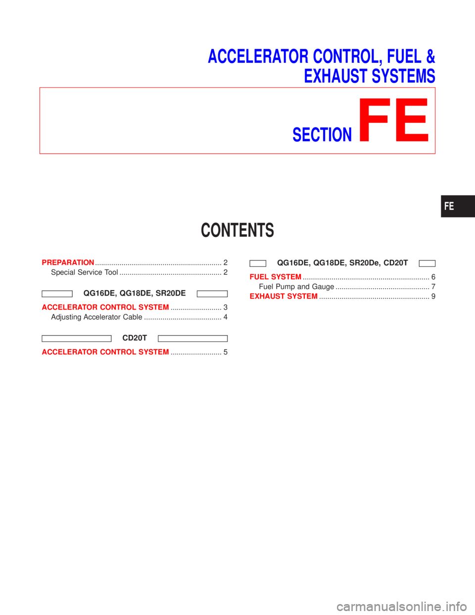 NISSAN PRIMERA 1999  Electronic Repair Manual ACCELERATOR CONTROL, FUEL &
EXHAUST SYSTEMS
SECTION
FE
CONTENTS
PREPARATION.............................................................. 2
Special Service Tool .......................................