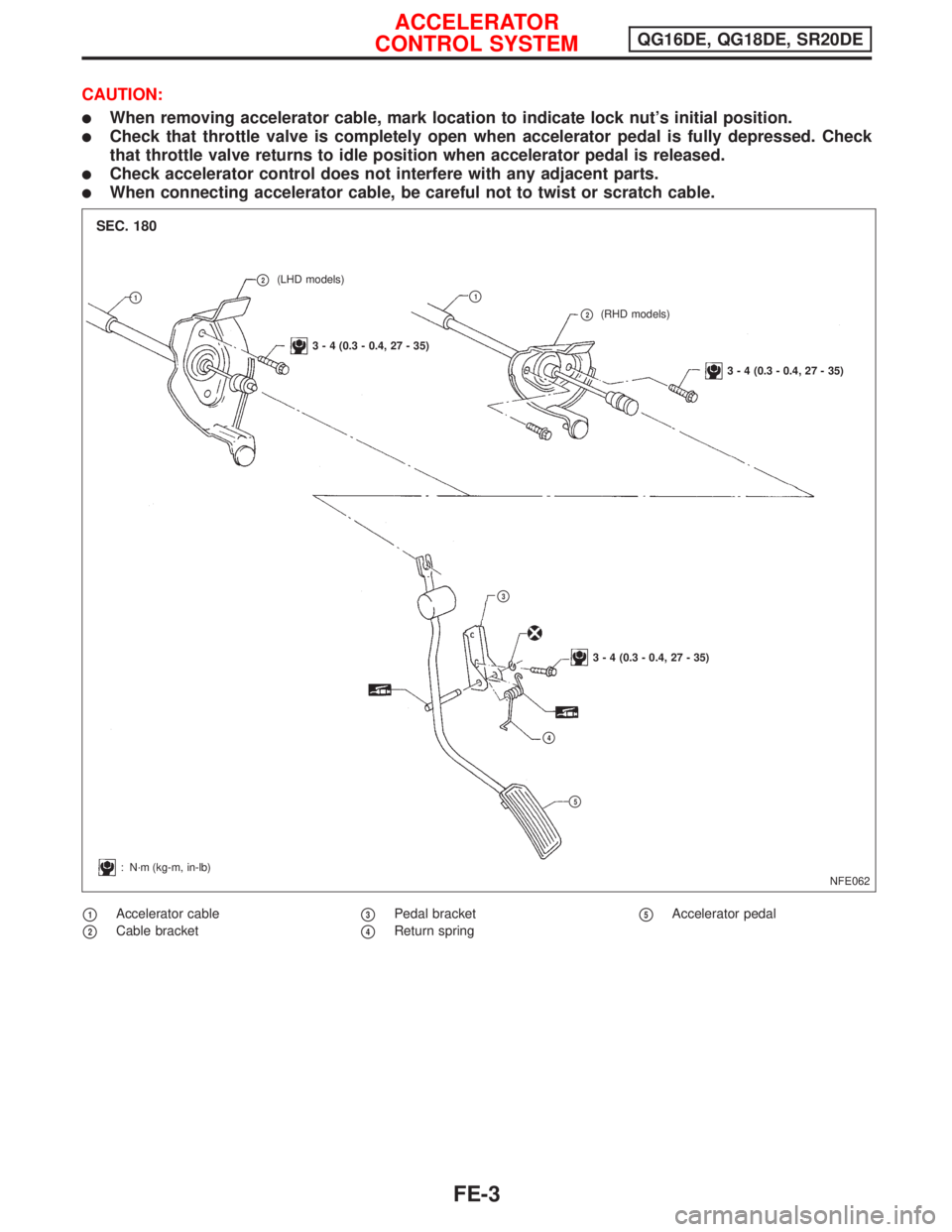 NISSAN PRIMERA 1999  Electronic Repair Manual CAUTION:
lWhen removing accelerator cable, mark location to indicate lock nuts initial position.
lCheck that throttle valve is completely open when accelerator pedal is fully depressed. Check
that th
