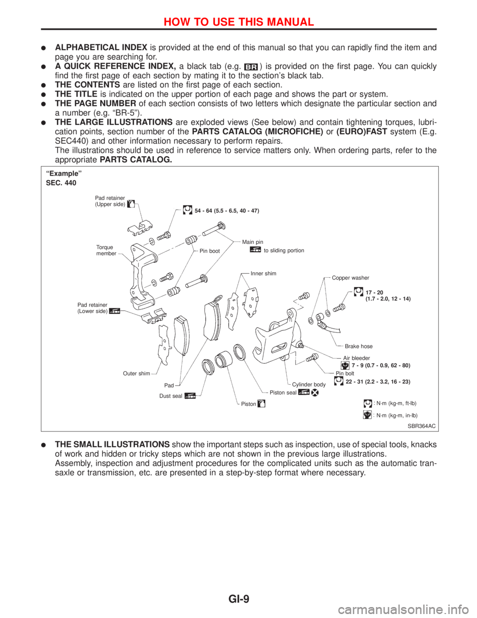NISSAN PRIMERA 1999 Electronic Repair Manual lALPHABETICAL INDEXis provided at the end of this manual so that you can rapidly find the item and
page you are searching for.
lA QUICK REFERENCE INDEX,a black tab (e.g.) is provided on the first page NISSAN PRIMERA 1999 Electronic Repair Manual lALPHABETICAL INDEXis provided at the end of this manual so that you can rapidly find the item and
page you are searching for.
lA QUICK REFERENCE INDEX,a black tab (e.g.) is provided on the first page