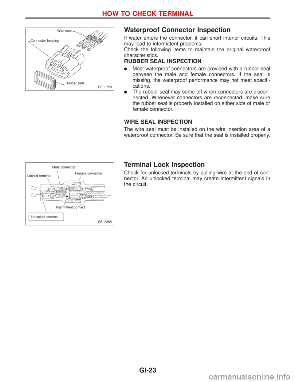 NISSAN PRIMERA 1999 Electronic Repair Manual Waterproof Connector Inspection
If water enters the connector, it can short interior circuits. This
may lead to intermittent problems.
Check the following items to maintain the original waterproof
cha NISSAN PRIMERA 1999 Electronic Repair Manual Waterproof Connector Inspection
If water enters the connector, it can short interior circuits. This
may lead to intermittent problems.
Check the following items to maintain the original waterproof
cha